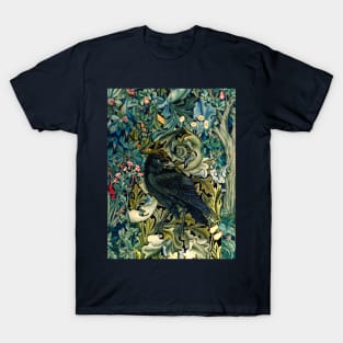 GREENERY, FOREST ANIMALS ,RAVEN ON ACANTHUS LEAVES Blue Green Floral T-Shirt